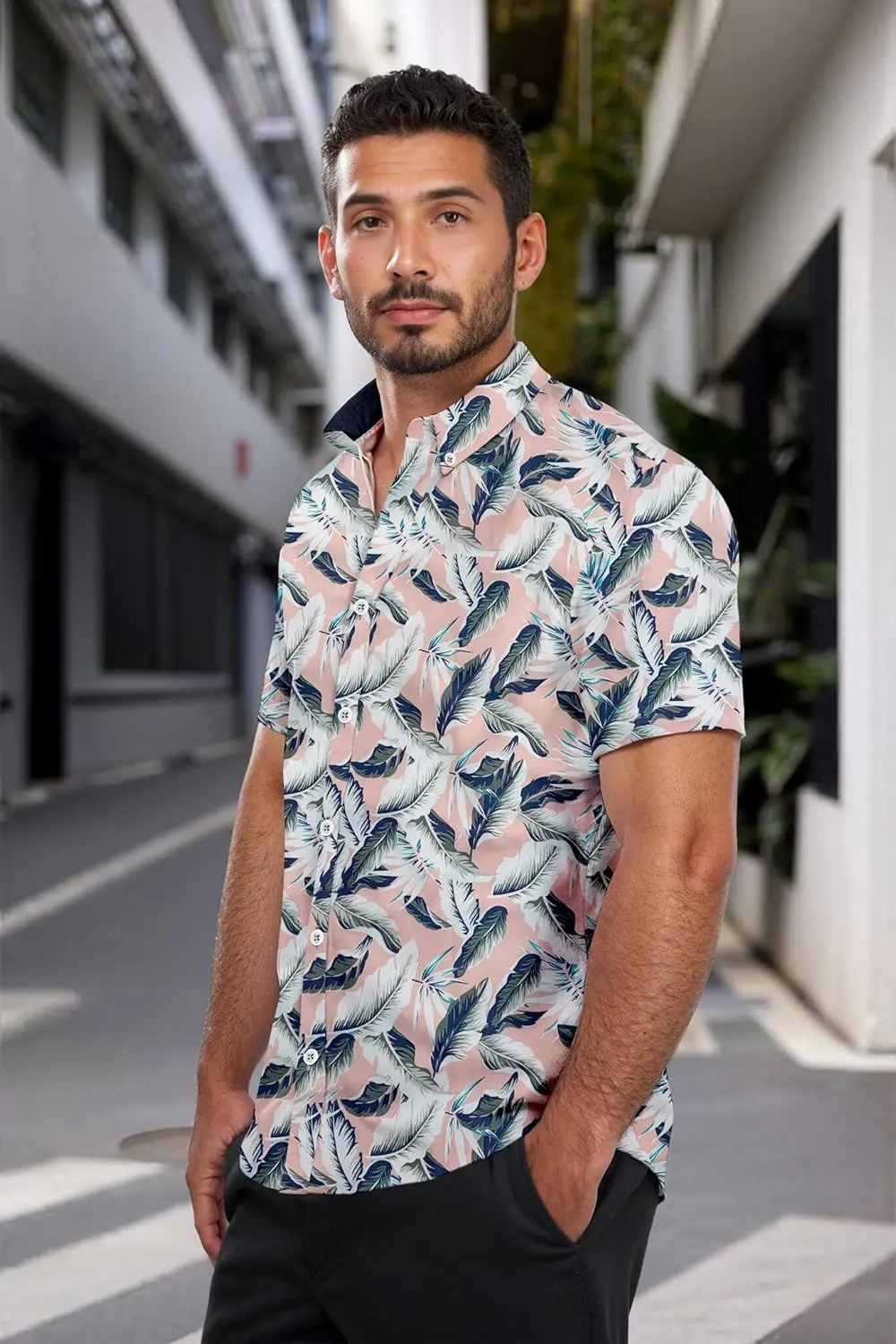 ETHANOL Mens Slim Fit Short Sleeve Button Down Polo Tech Stretch Printed Shirt