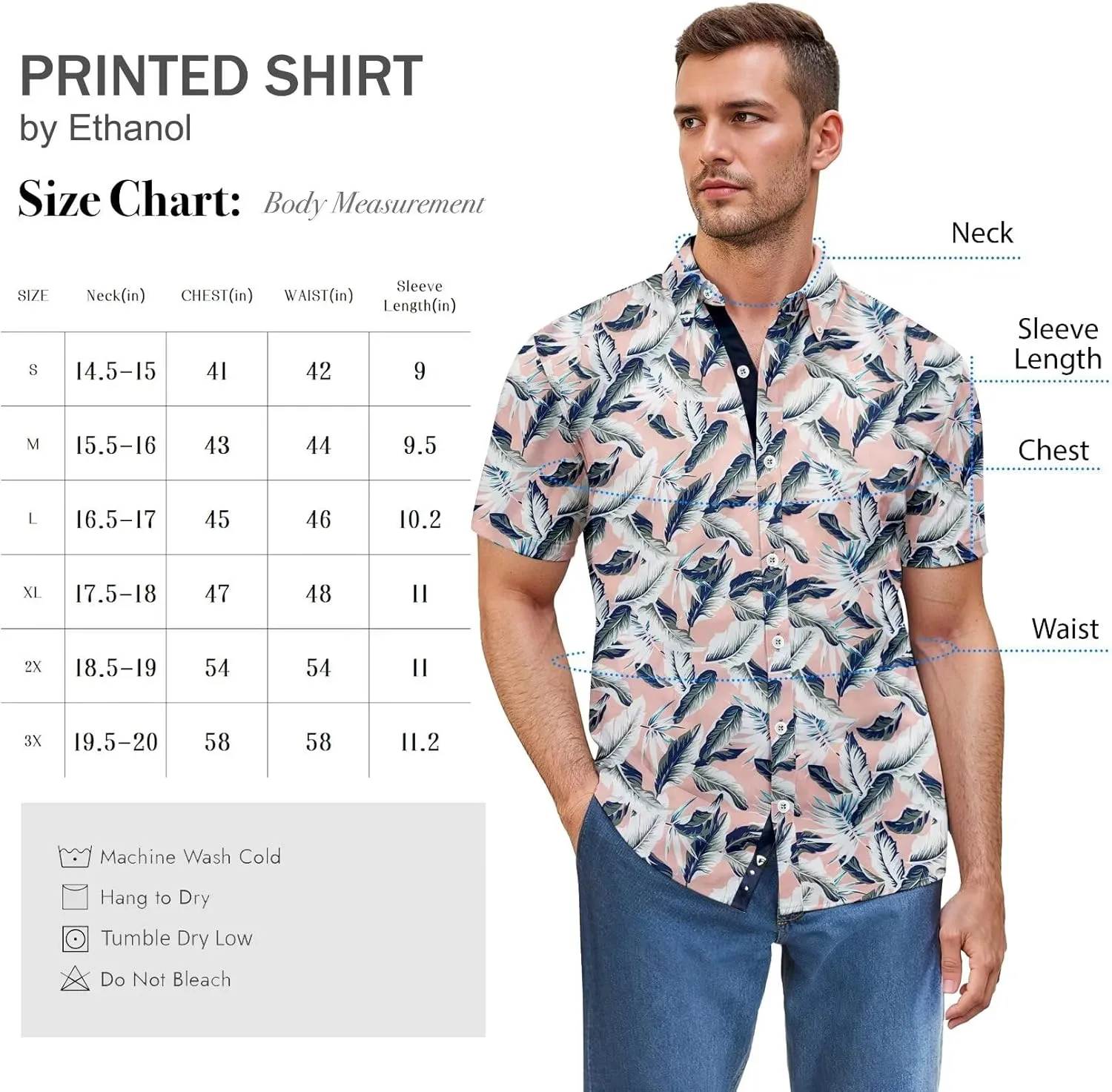 ETHANOL Mens Slim Fit Short Sleeve Button Down Polo Tech Stretch Printed Shirt