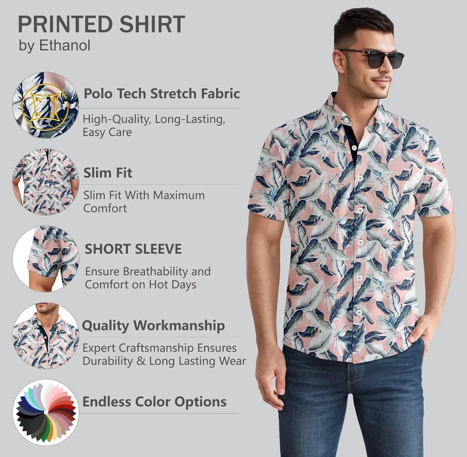 ETHANOL Mens Slim Fit Short Sleeve Button Down Polo Tech Stretch Printed Shirt