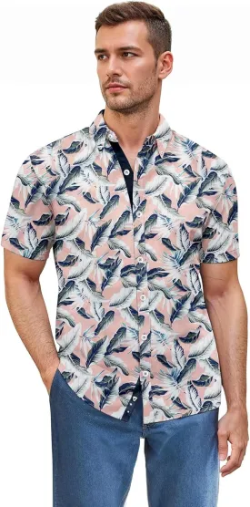 ETHANOL Mens Slim Fit Short Sleeve Button Down Polo Tech Stretch Printed Shirt