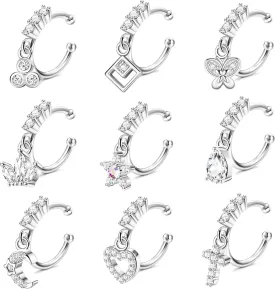 Florideco 9 Pcs 20G Dangle Fake Nose Rings Hoops for Women CZ Dangle Nose Rings Non Piercing Cartilage Earring Nose Cuffs Dangling Faux Nose Piercing Jewelry