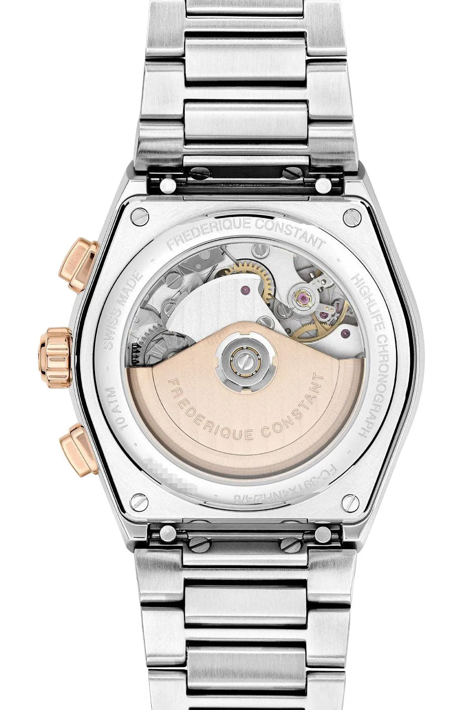 Frederique Constant Highlife Automatic Chronograph Two-Tone Stainless Steel Silver Dial Interchangeable Brown Rubber Strap Date Mens Watch FC-391V4NH2B