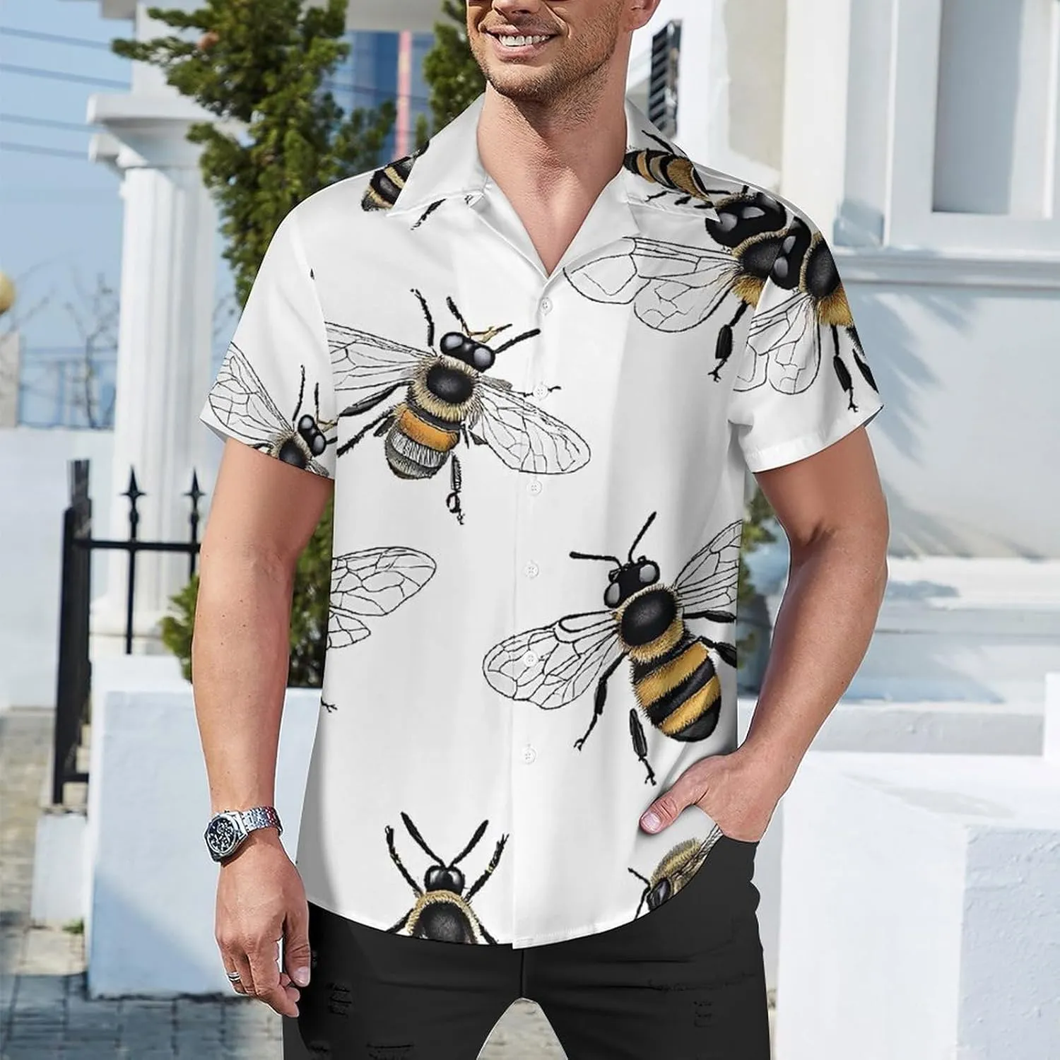 Funny Bees Print Cuban Collar Shirt Classic Design for Comfort and Style