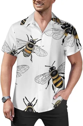 Funny Bees Print Cuban Collar Shirt Classic Design for Comfort and Style