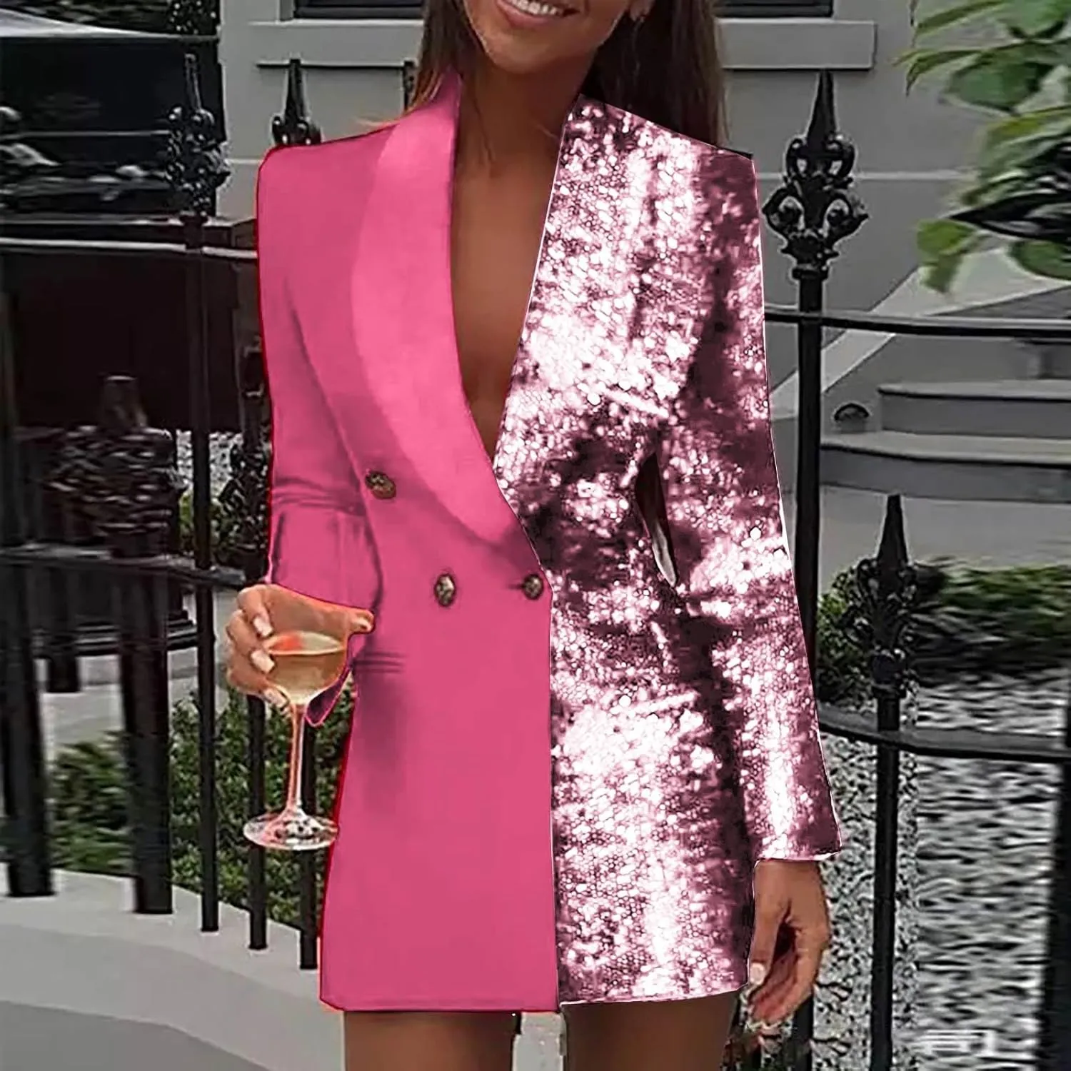 HGps8w Double Breasted Sequins Blazer Dress for Women Sexy Colorblock Long Blazers Jackets Formal Evening Party Club Outfit
