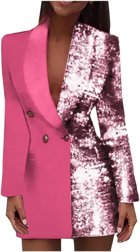 HGps8w Double Breasted Sequins Blazer Dress for Women Sexy Colorblock Long Blazers Jackets Formal Evening Party Club Outfit