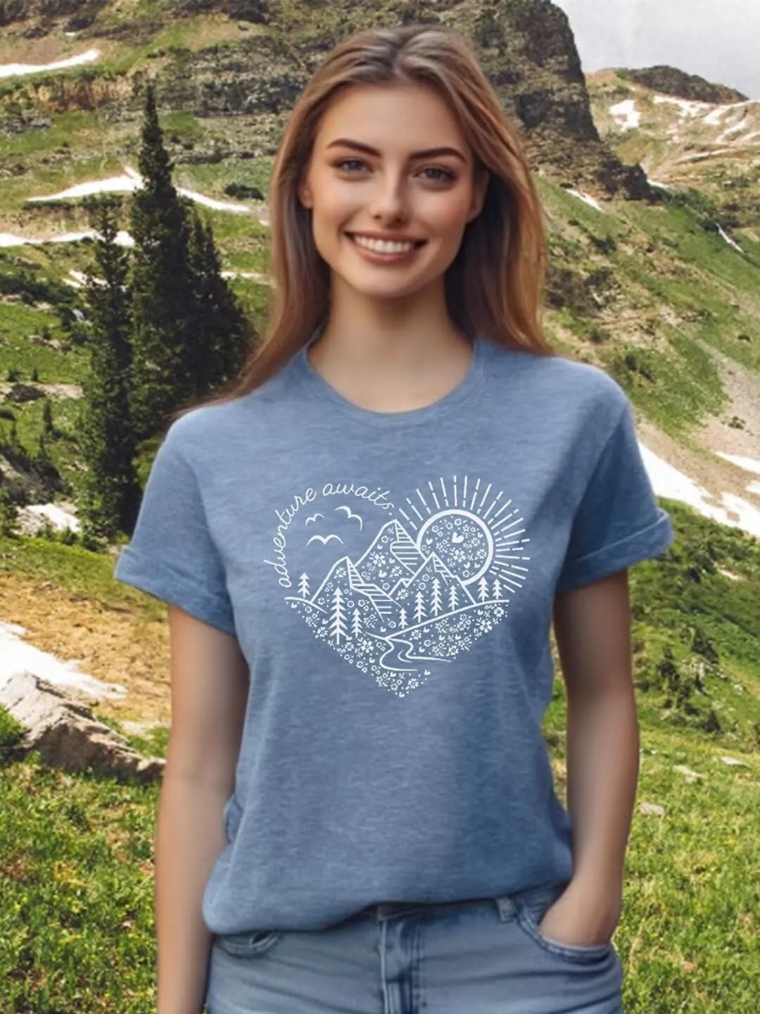 Hike Mountain Camping T Shirt for Women Adventure Awaits Nature Travel Short Sleeve Pine Tree Kindness Heart Printed Top