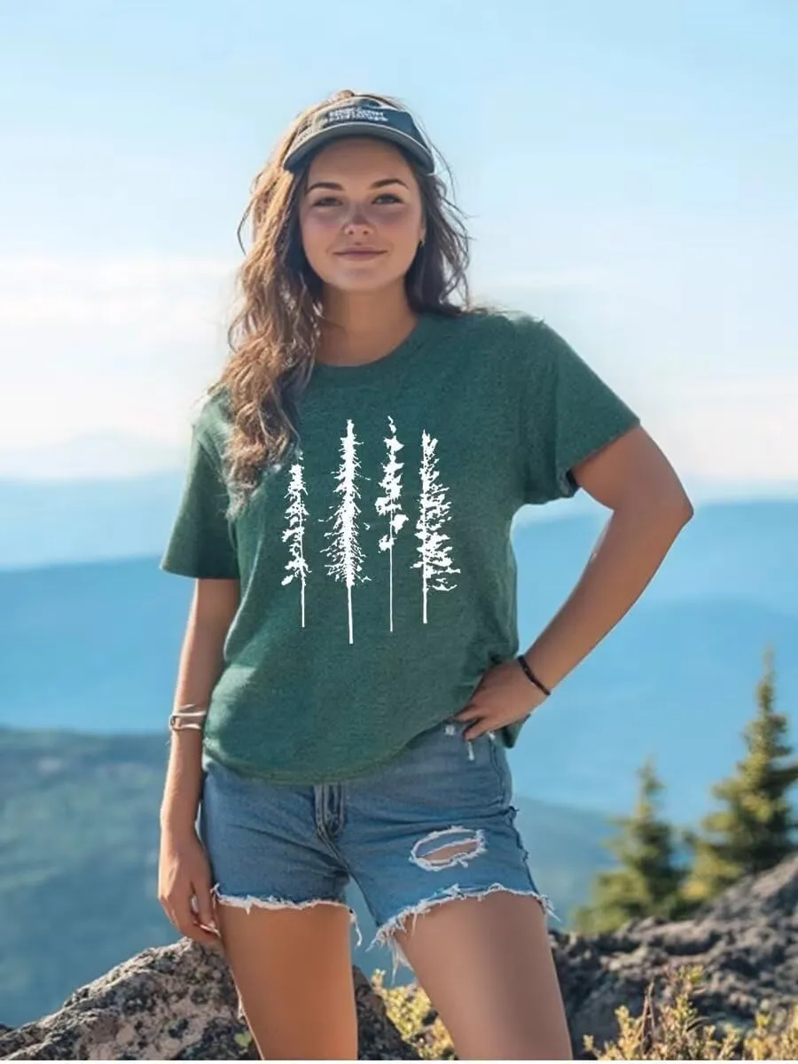 Hike Mountain Camping T Shirt for Women Adventure Awaits Nature Travel Short Sleeve Pine Tree Kindness Heart Printed Top