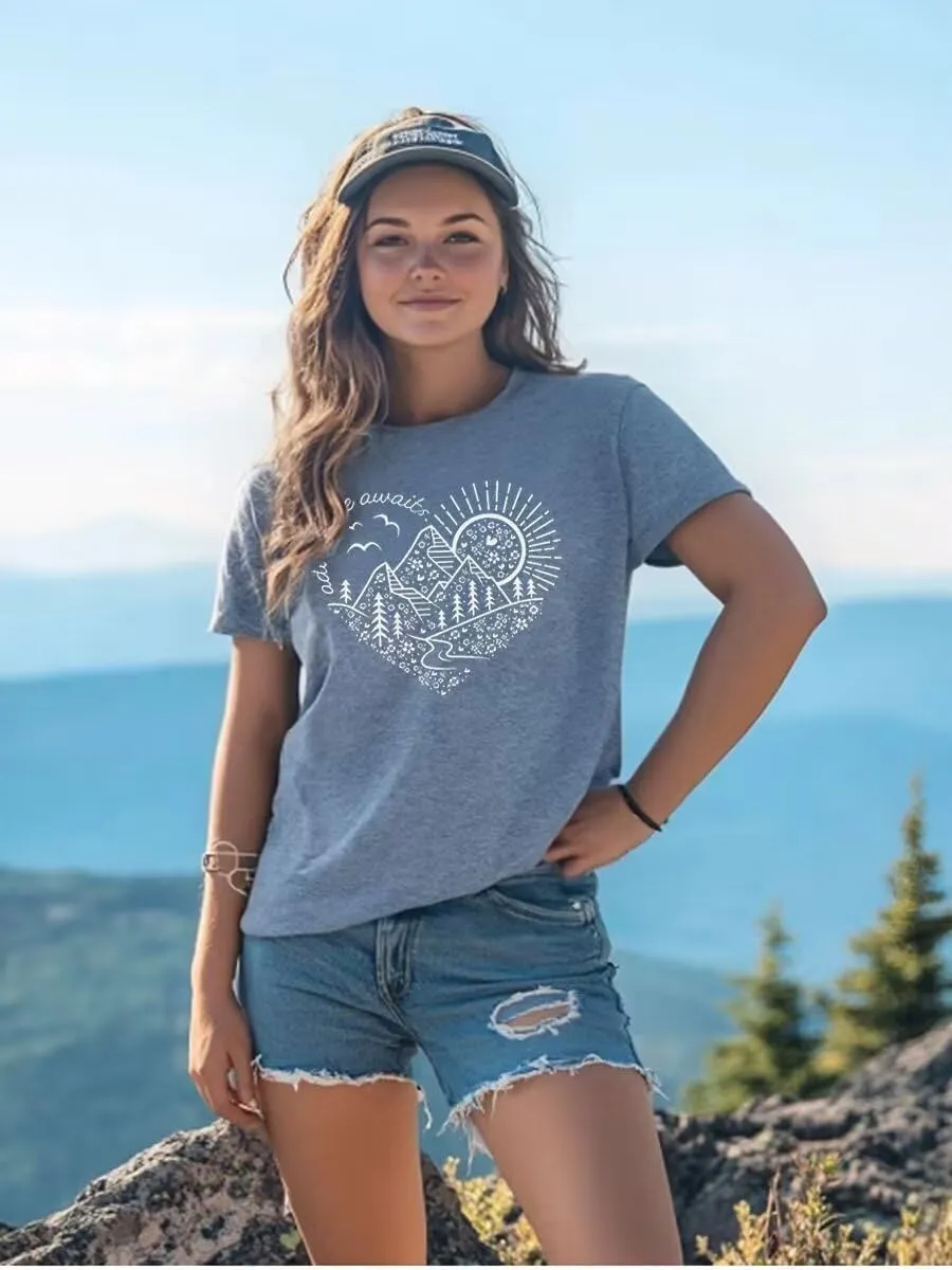 Hike Mountain Camping T Shirt for Women Adventure Awaits Nature Travel Short Sleeve Pine Tree Kindness Heart Printed Top