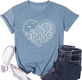 Hike Mountain Camping T Shirt for Women Adventure Awaits Nature Travel Short Sleeve Pine Tree Kindness Heart Printed Top