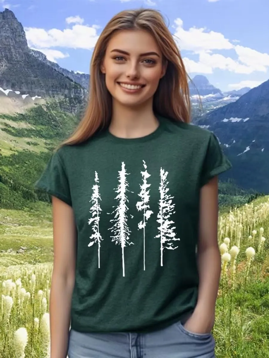 Hike Mountain Camping T Shirt for Women Adventure Awaits Nature Travel Short Sleeve Pine Tree Kindness Heart Printed Top