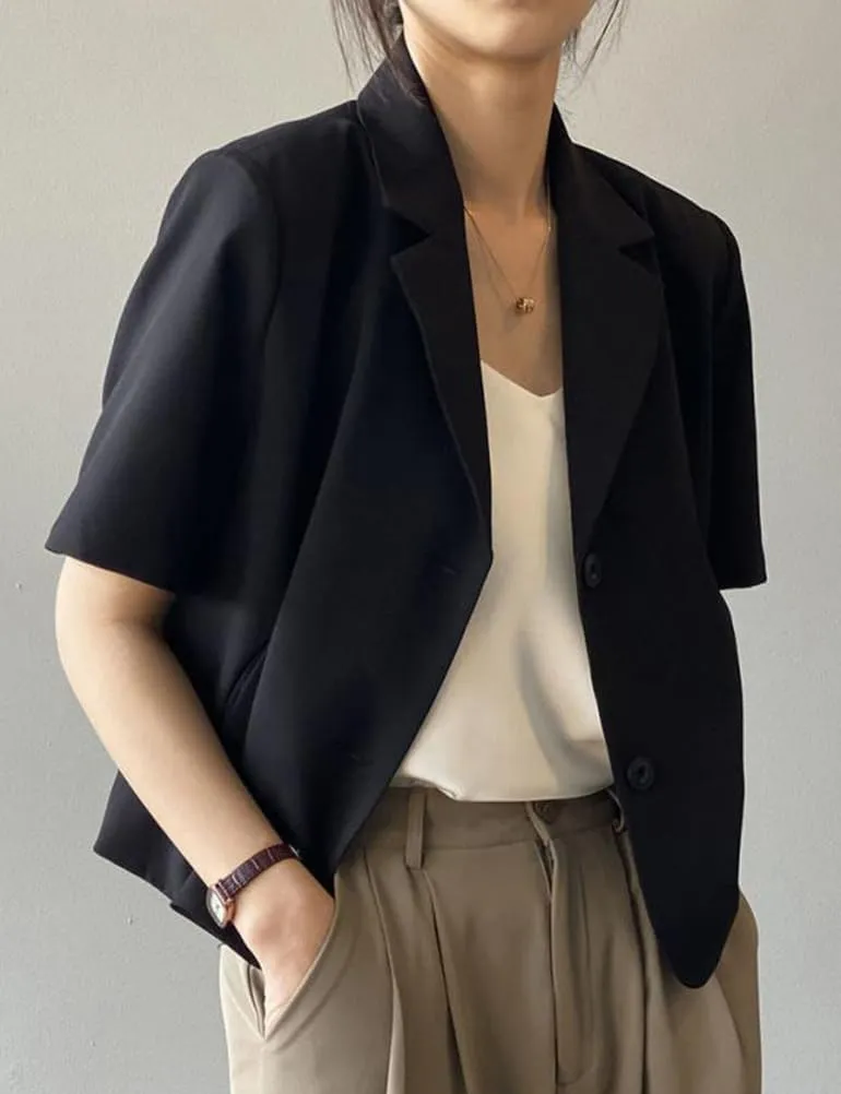 IDEALSANXUN Womens Short Sleeve Cropped Blazer Casual Lightweight Spring Summer Jackets with Pockets