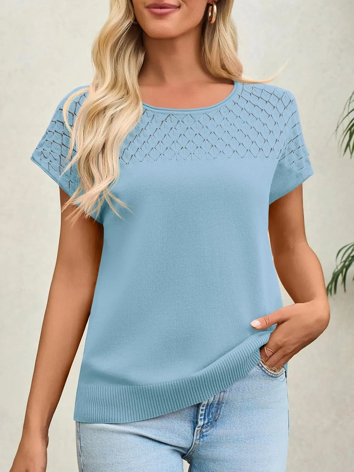 Imily Bela Womens Short Sleeve Sweaters Casual Crewneck Crochet Knit Summer Loose Trendy Pullover Tops