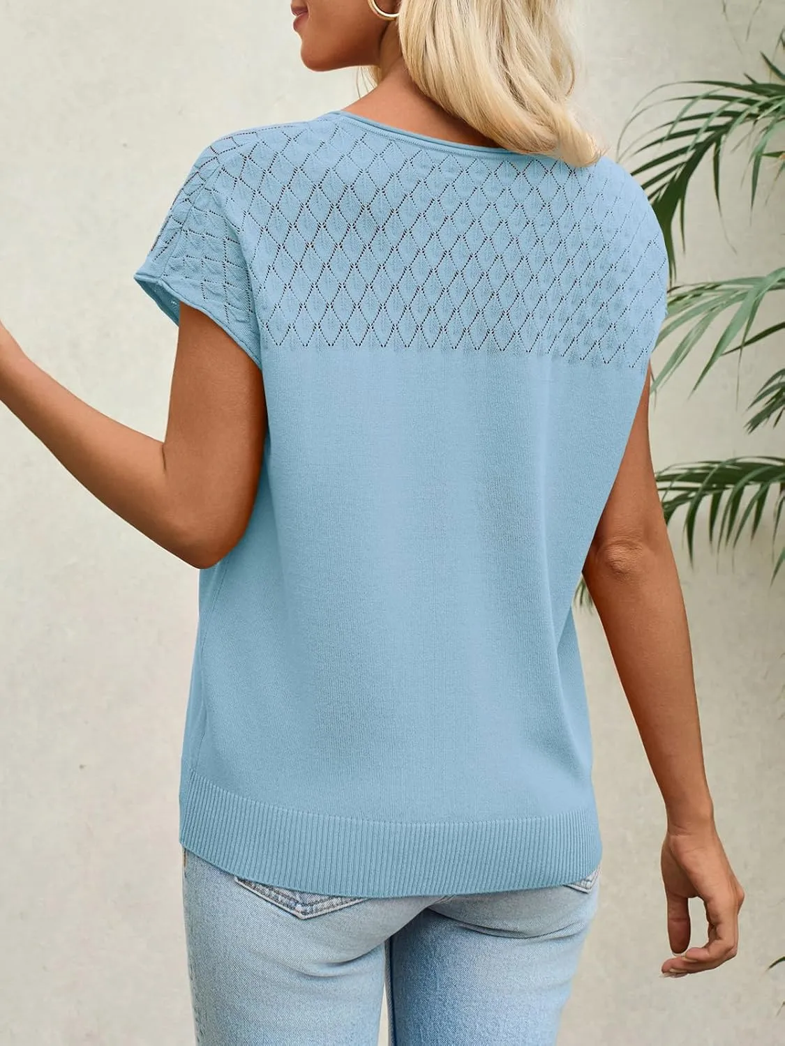 Imily Bela Womens Short Sleeve Sweaters Casual Crewneck Crochet Knit Summer Loose Trendy Pullover Tops
