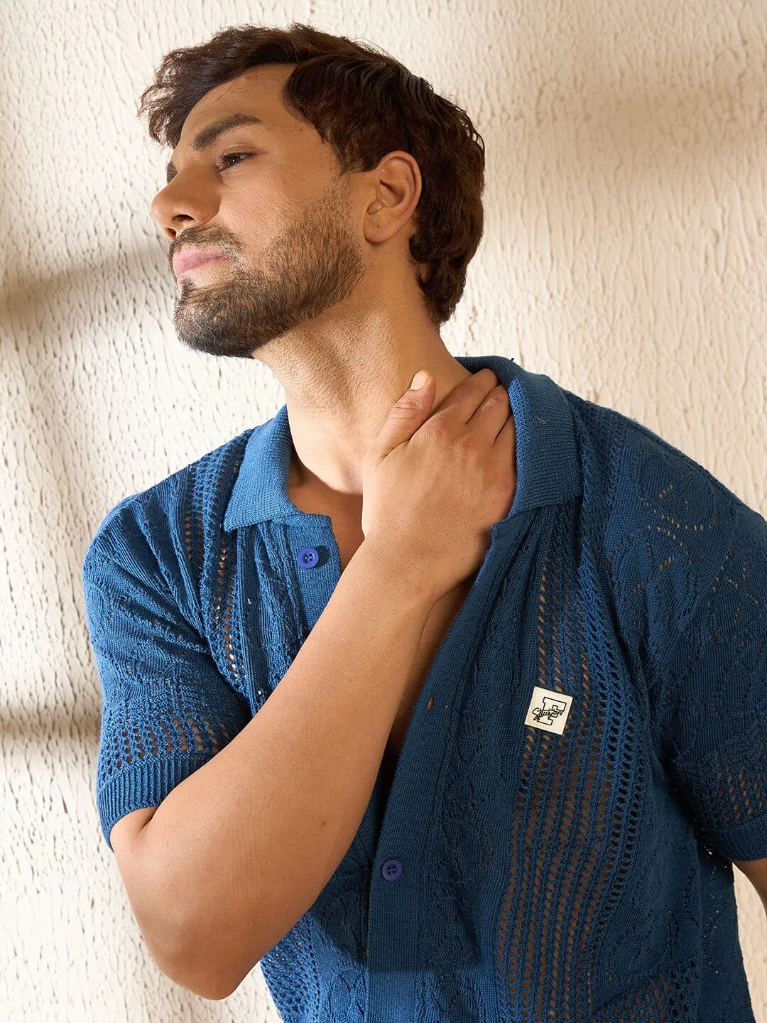 Ink Blue Knitted Crochet Shirt