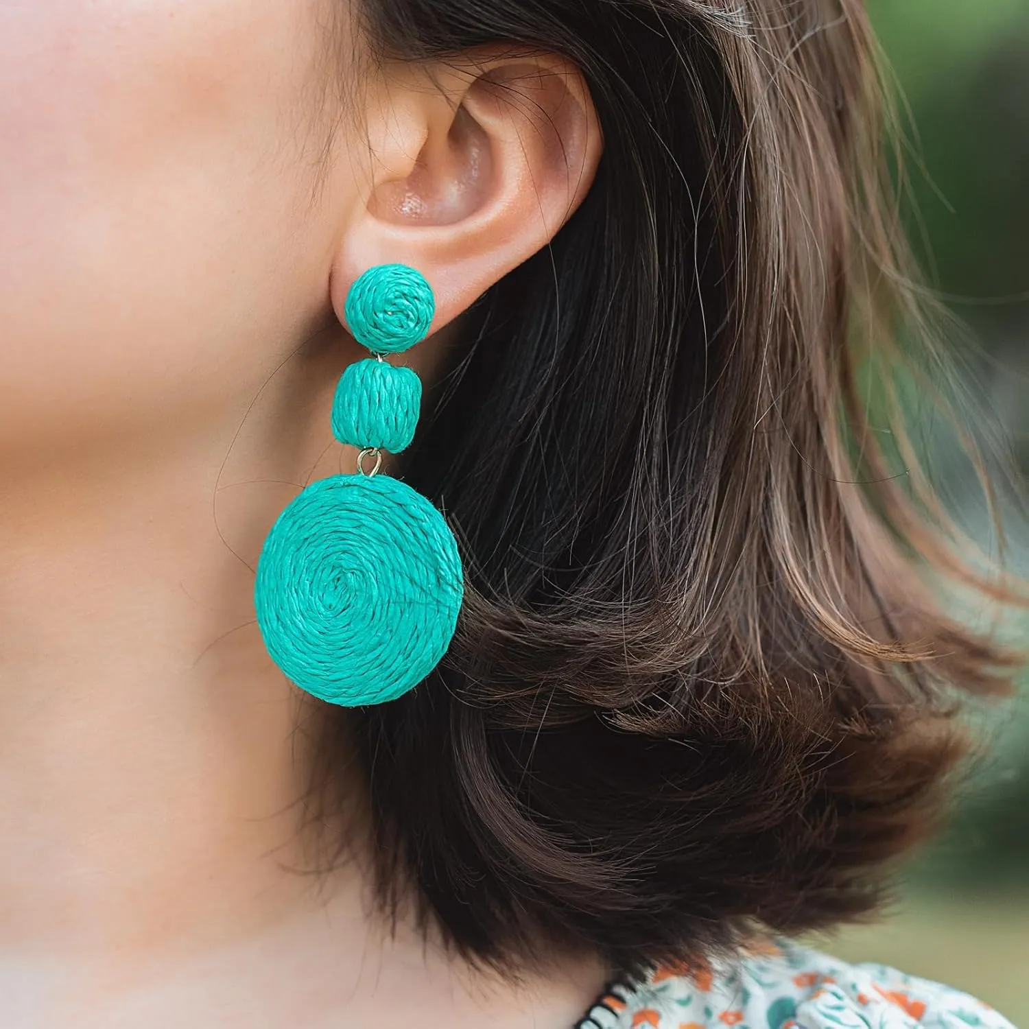 JeanBeau Boho Raffia Ball Round Statement Dangle earrings for Women Teen Large Handmade Lightweight Bohemian Rattan Drop Straw Wrap Earing Dangling Summer Beach Tropical Accessories Jewelry Gift