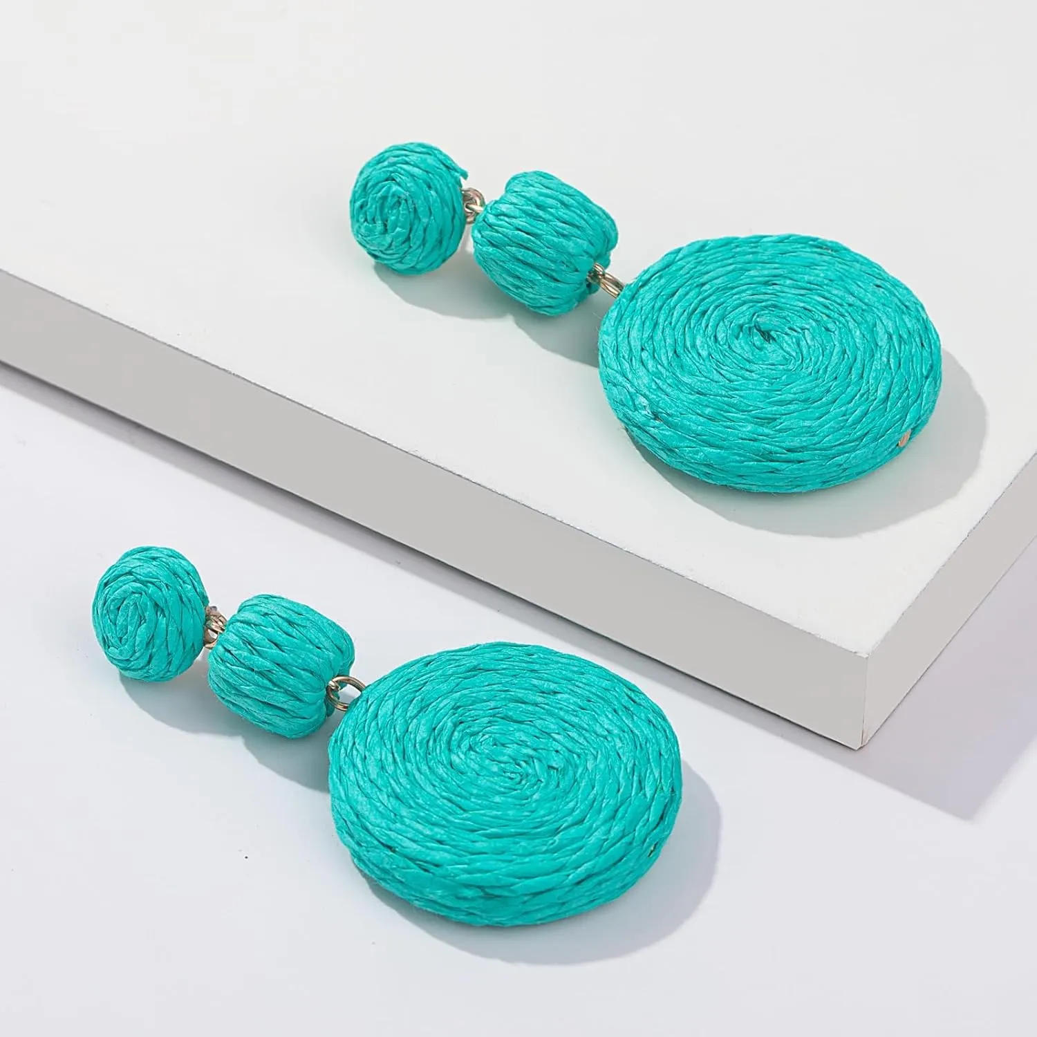 JeanBeau Boho Raffia Ball Round Statement Dangle earrings for Women Teen Large Handmade Lightweight Bohemian Rattan Drop Straw Wrap Earing Dangling Summer Beach Tropical Accessories Jewelry Gift