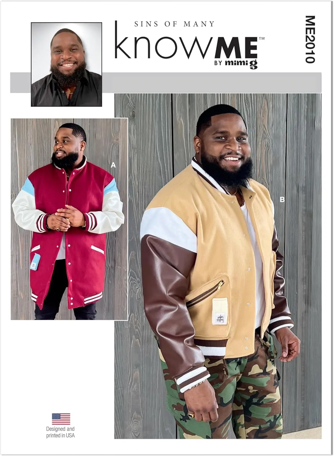 Know Me Men's Varsity Bomber Jacket in Two Lengths Sewing Pattern Kit by Sins of Many, Design Code ME2010, 44-46-48-50-52, Multicolor