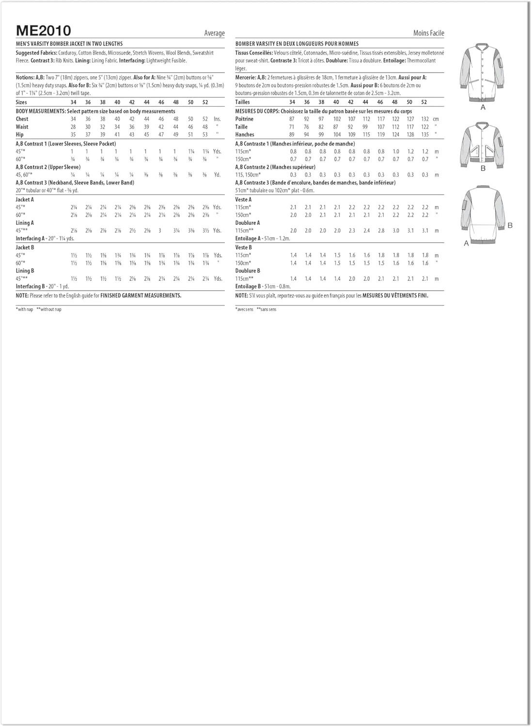 Know Me Men's Varsity Bomber Jacket in Two Lengths Sewing Pattern Kit by Sins of Many, Design Code ME2010, 44-46-48-50-52, Multicolor