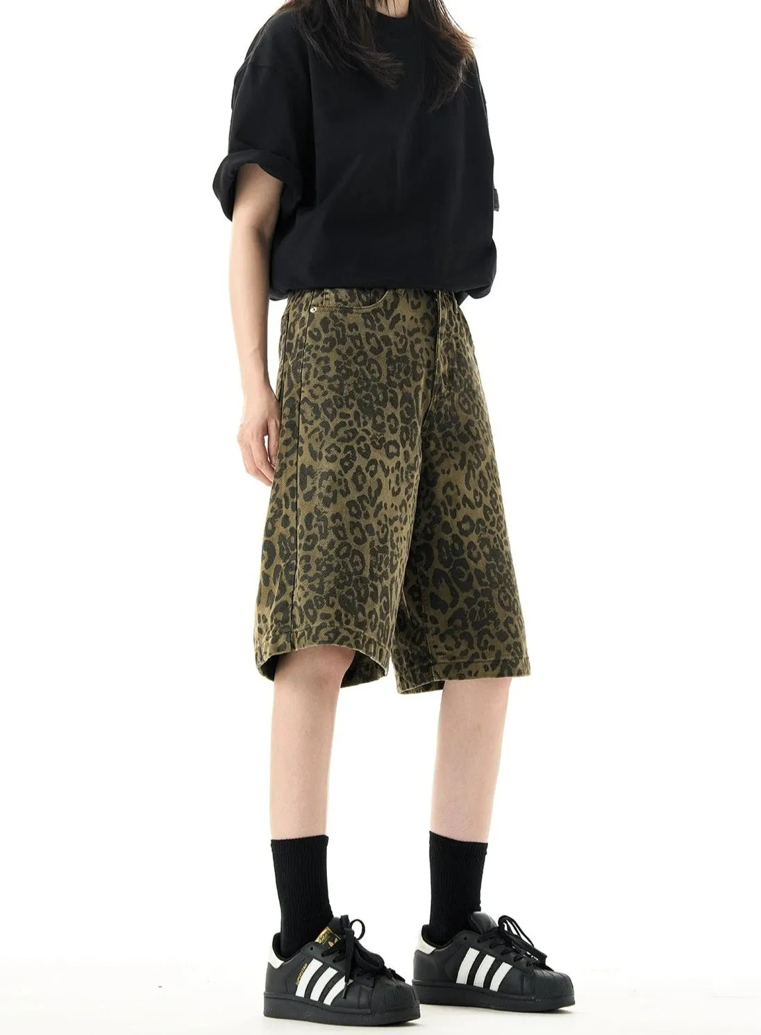 Leopard Print Bermuda Shorts with Straight Leg Cut