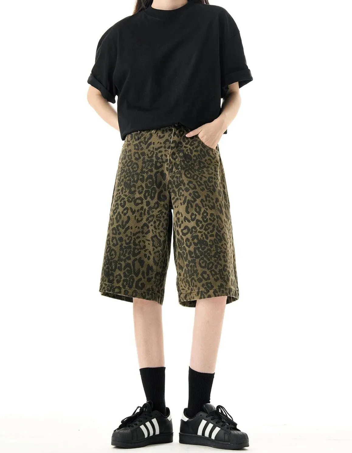 Leopard Print Bermuda Shorts with Straight Leg Cut