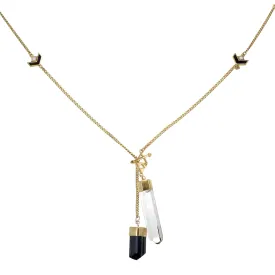 LONG CRYSTAL NECKLACE WITH CHEVRON DETAIL - QUARTZ & BLACK TOURMALINE - GOLD