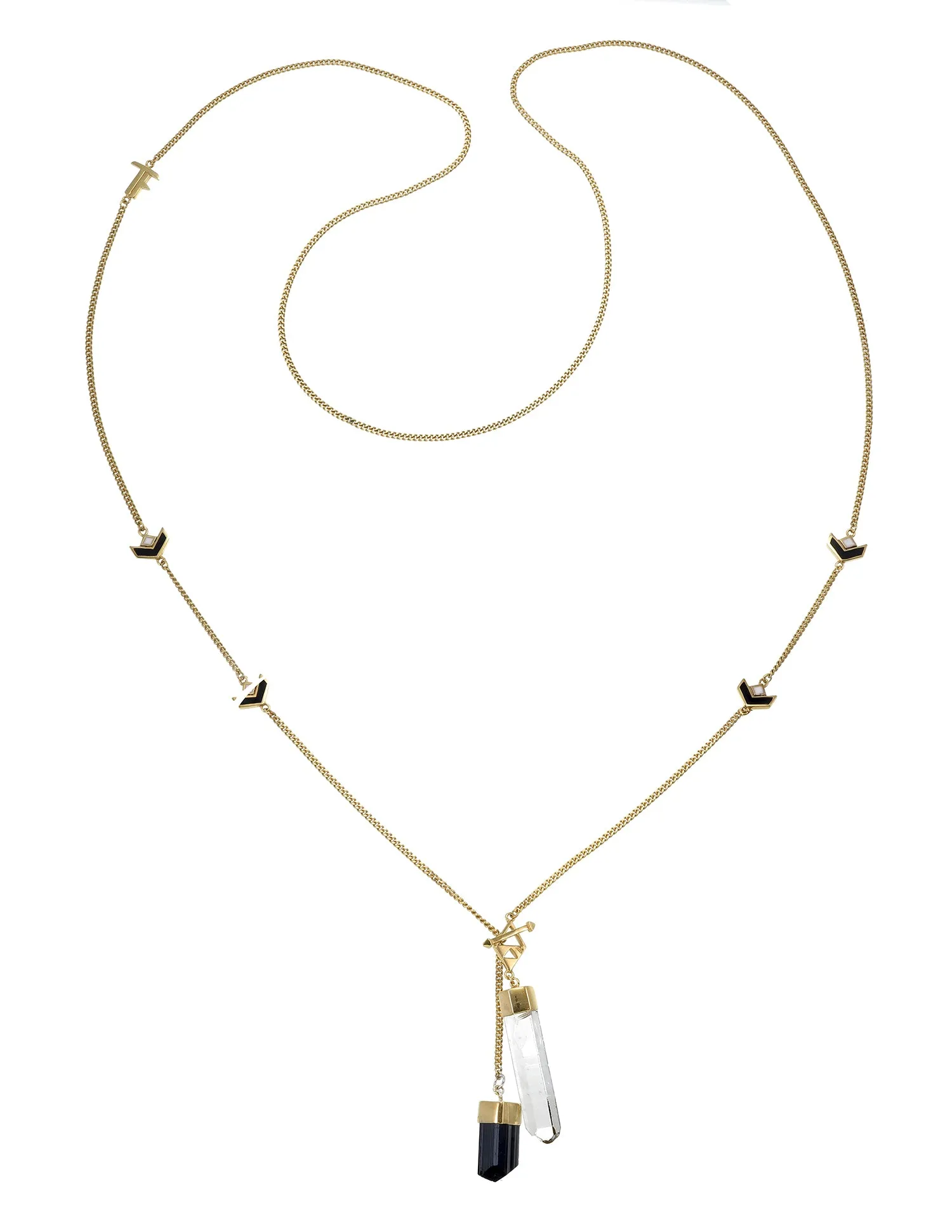 LONG CRYSTAL NECKLACE WITH CHEVRON DETAIL - QUARTZ & BLACK TOURMALINE - GOLD