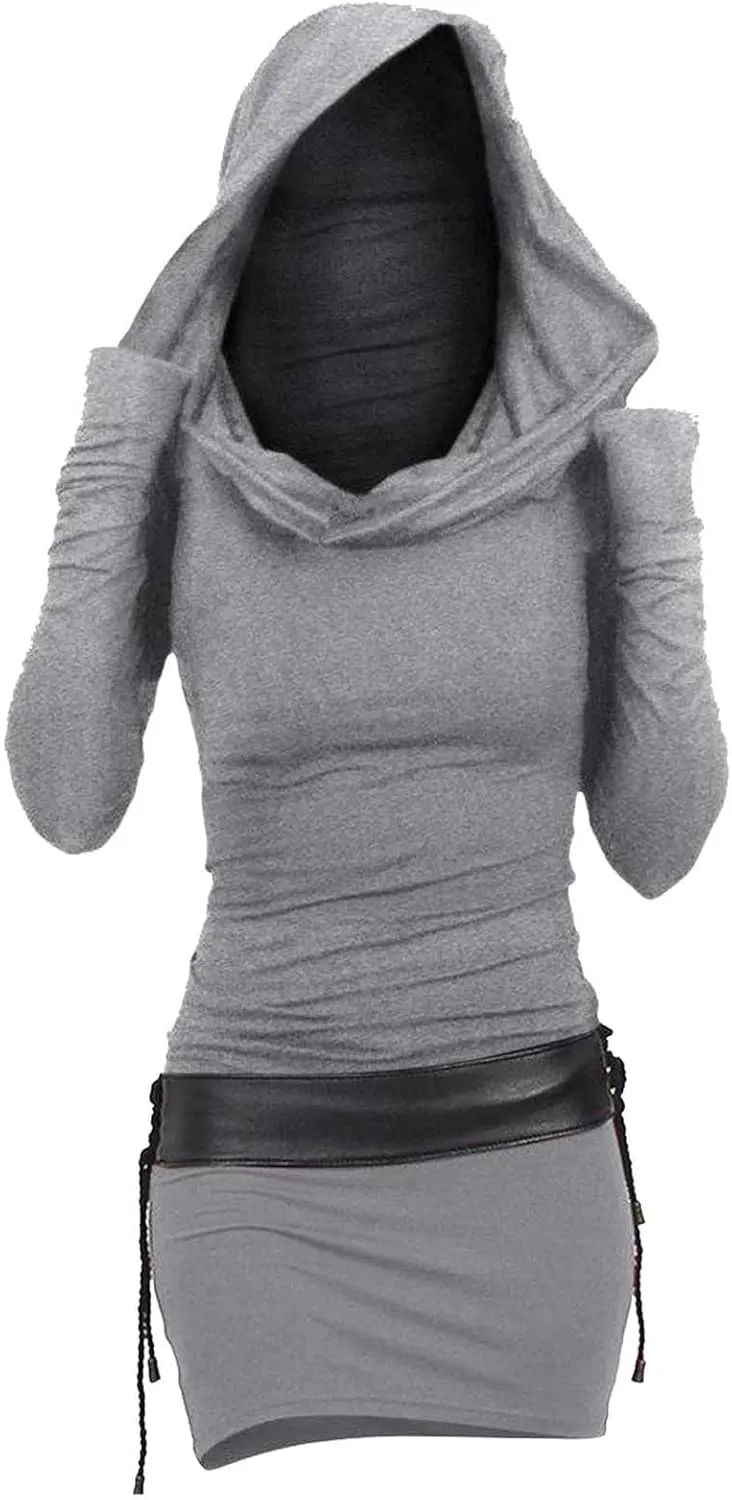 Long Sleeve Bodycon Dress for Women Steampunk Hoodie Sweatshirt Dresses Vintage Gothic Party Hooded Wrap Mini Dress