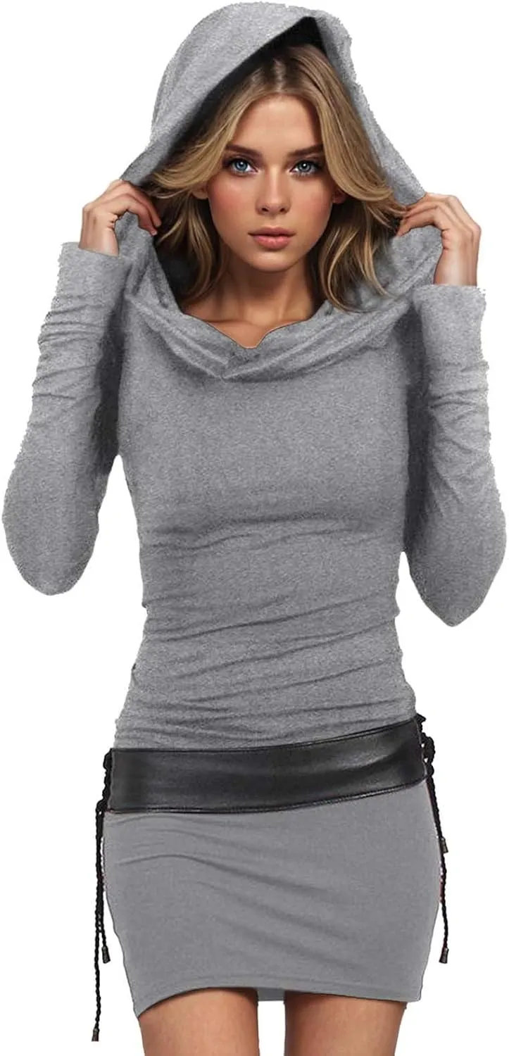 Long Sleeve Bodycon Dress for Women Steampunk Hoodie Sweatshirt Dresses Vintage Gothic Party Hooded Wrap Mini Dress