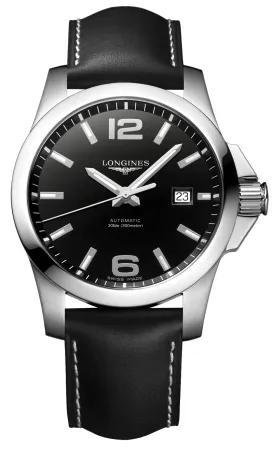Longines Conquest Automatic Stainless Steel Black Dial Black Leather Strap Date Divers Mens Watch L3.778.4.58.3