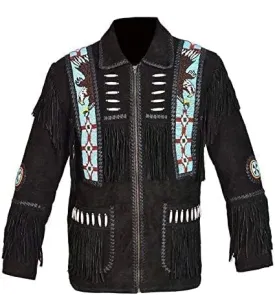 Mens Leather Buckskin Mountain Man Reenactment Suede Leather Native American Red Indian Fringes Beaded Jackets Warshirt