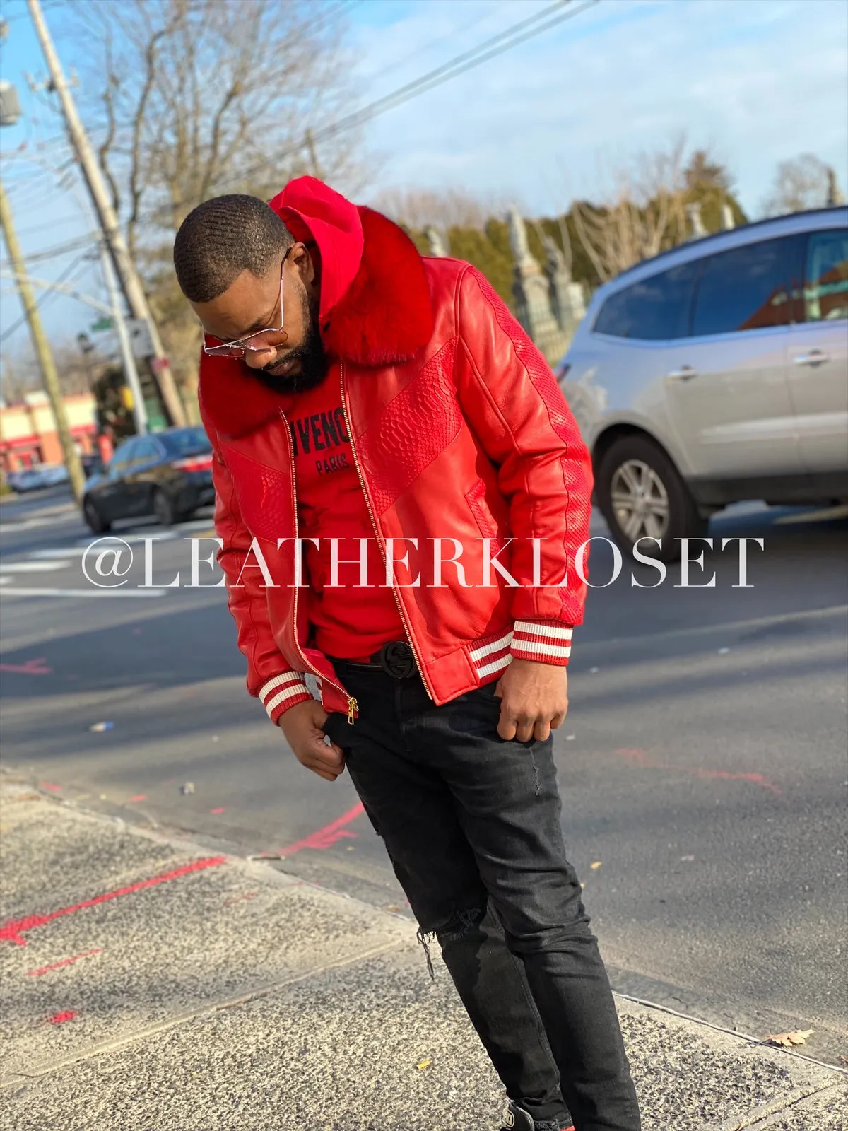 Men's Real Python And Leather Bomber Jacket W/ Fox