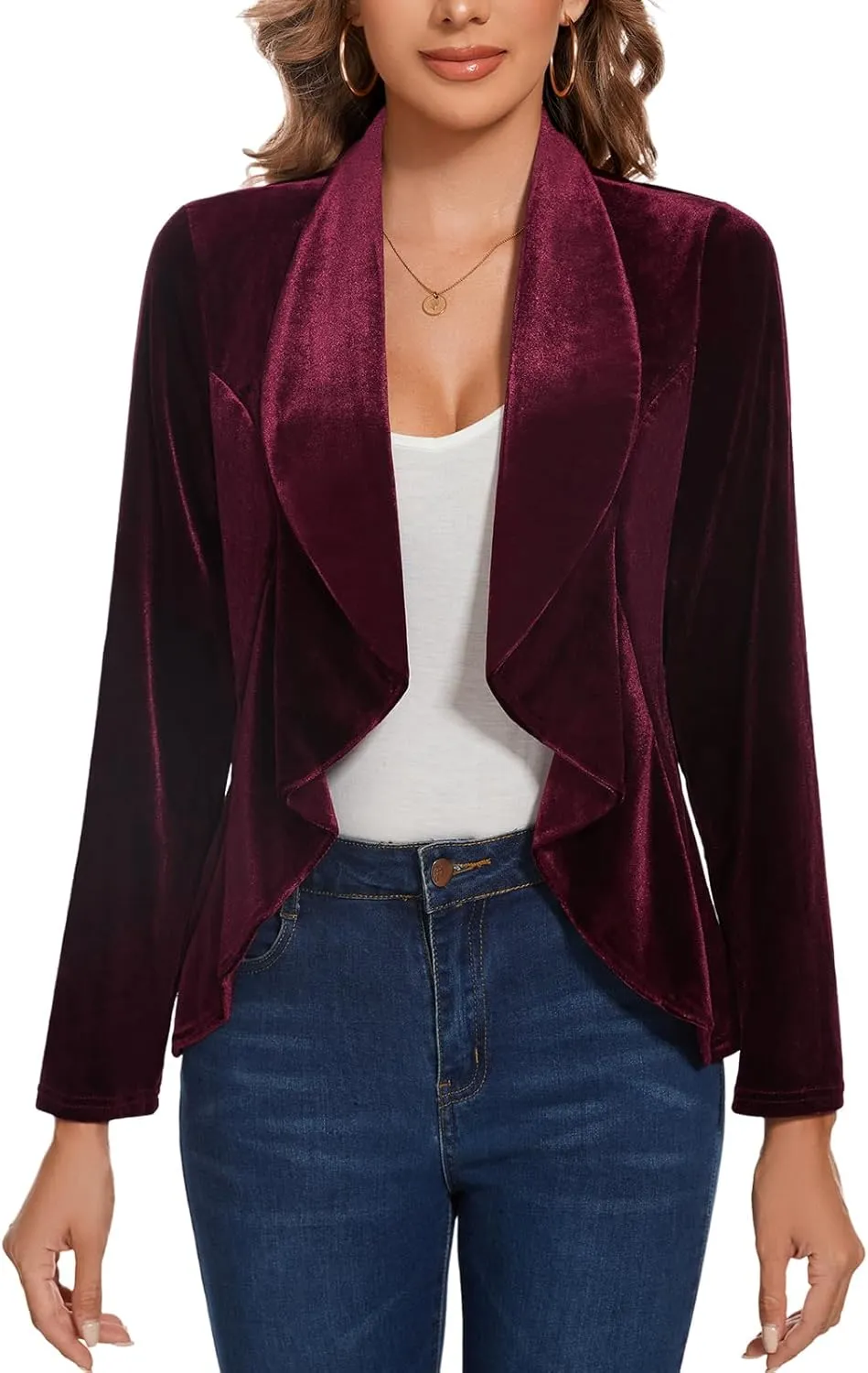 MINTLIMIT Women's Velvet Blazer Long Sleeve Open Front Suit Jacket Loose Fitting Tailored Jacket Coat with Ruffle Hem,Wine Red,M