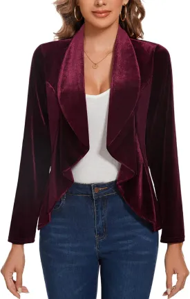 MINTLIMIT Women's Velvet Blazer Long Sleeve Open Front Suit Jacket Loose Fitting Tailored Jacket Coat with Ruffle Hem,Wine Red,M