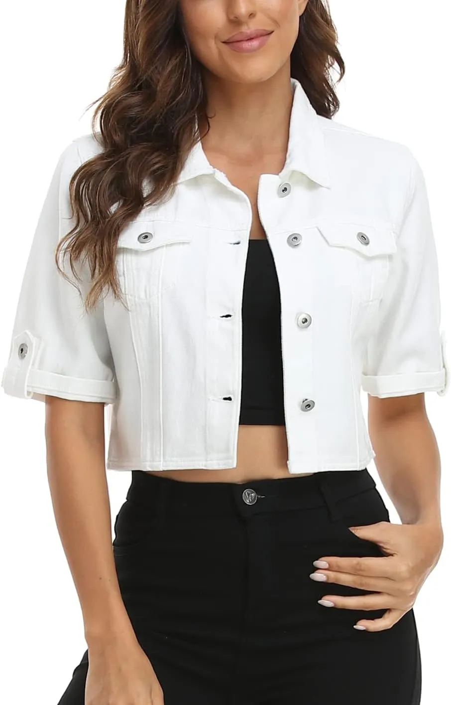 MISS MOLY Women's Cropped Denim Jackets Summer Short Sleeve Classic Casual Jean Jackets