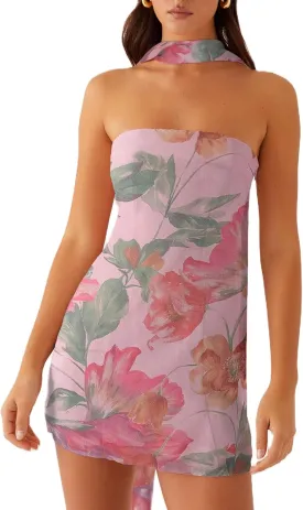 NUFIWI Sexy Floral Strapless Tube Mini Dress Y2K Slim Fit Backless Short Bandeau Dress Going Out Night Party Vocation Dresses