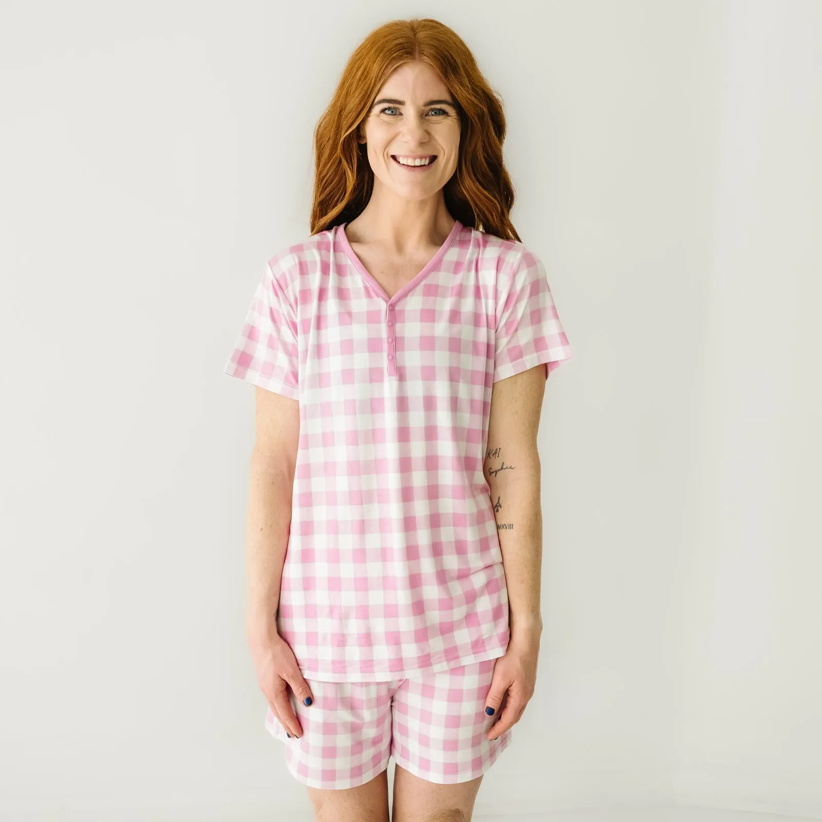 Pink Gingham Women's Short Sleeve Pajama Top