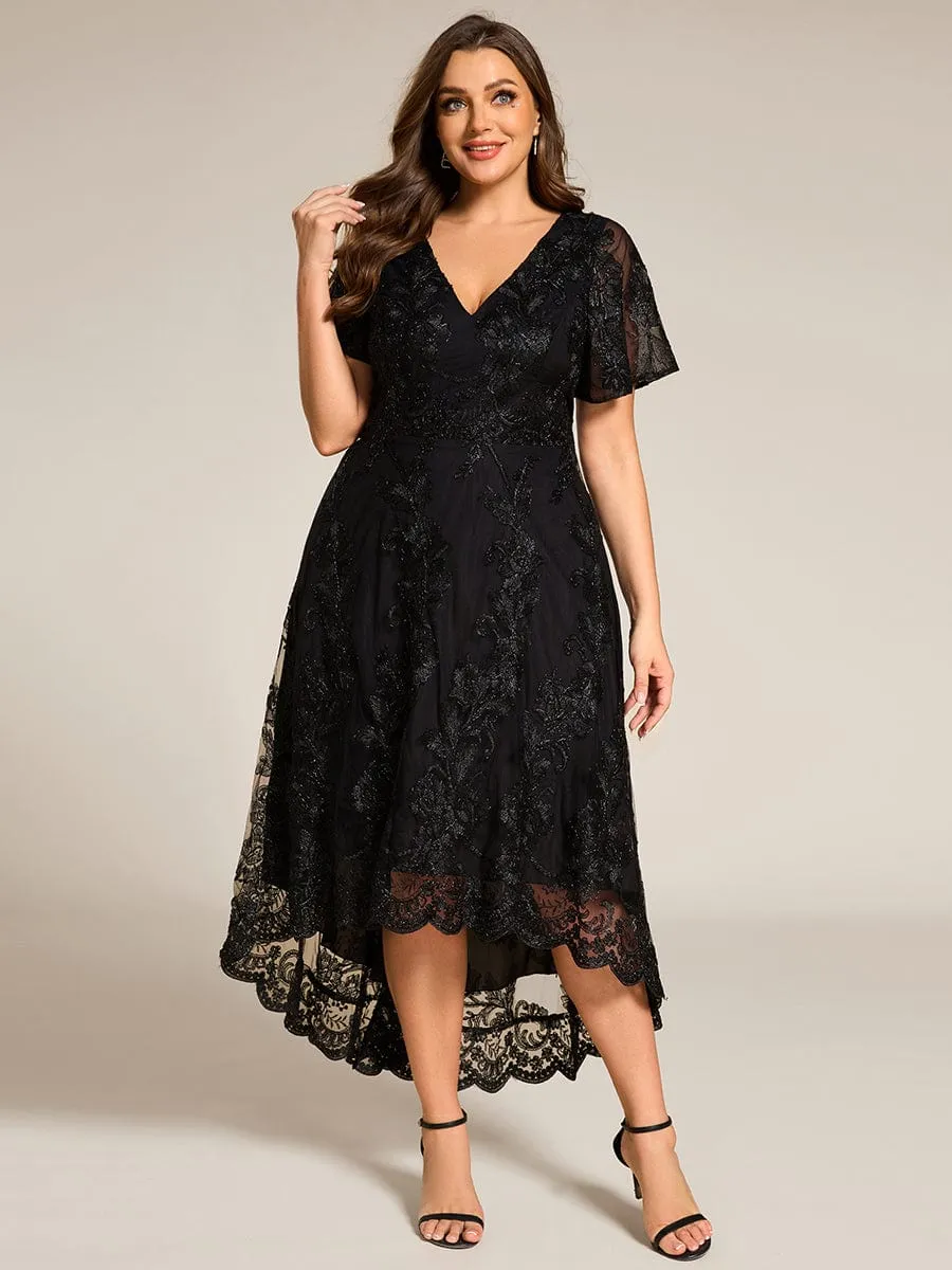 Plus Size Short Sleeves Embroidered Mesh A-Line V-Neck Midi Wedding Guest Dress