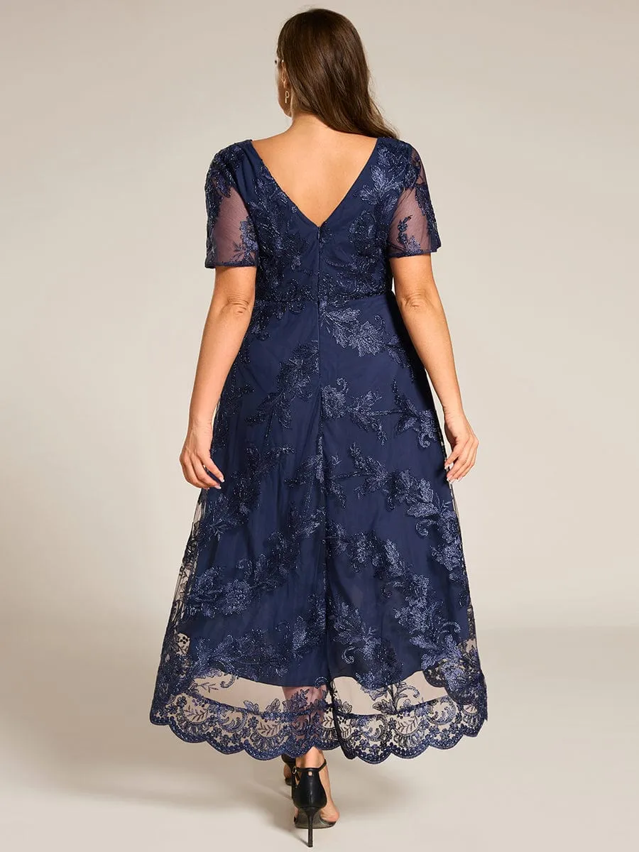Plus Size Short Sleeves Embroidered Mesh A-Line V-Neck Midi Wedding Guest Dress