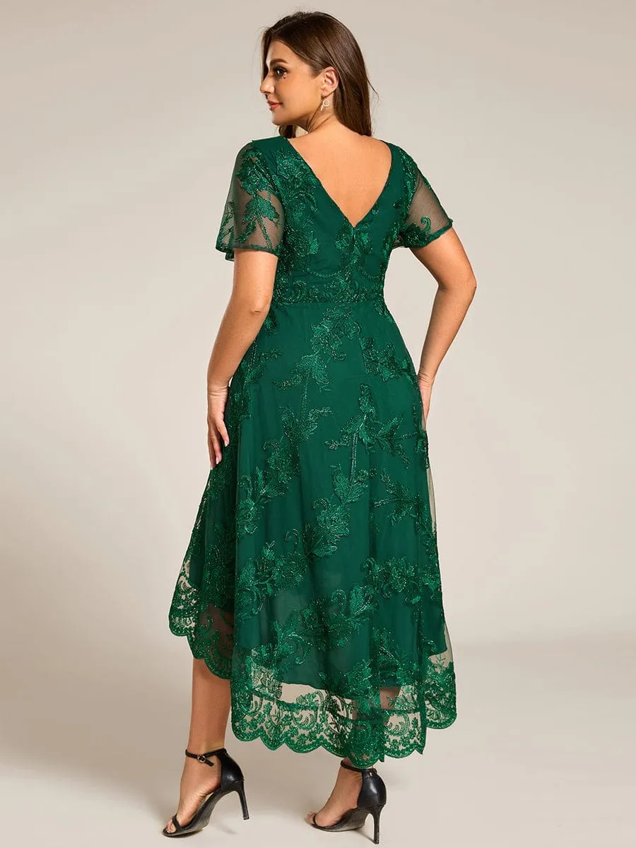 Plus Size Short Sleeves Embroidered Mesh A-Line V-Neck Midi Wedding Guest Dress