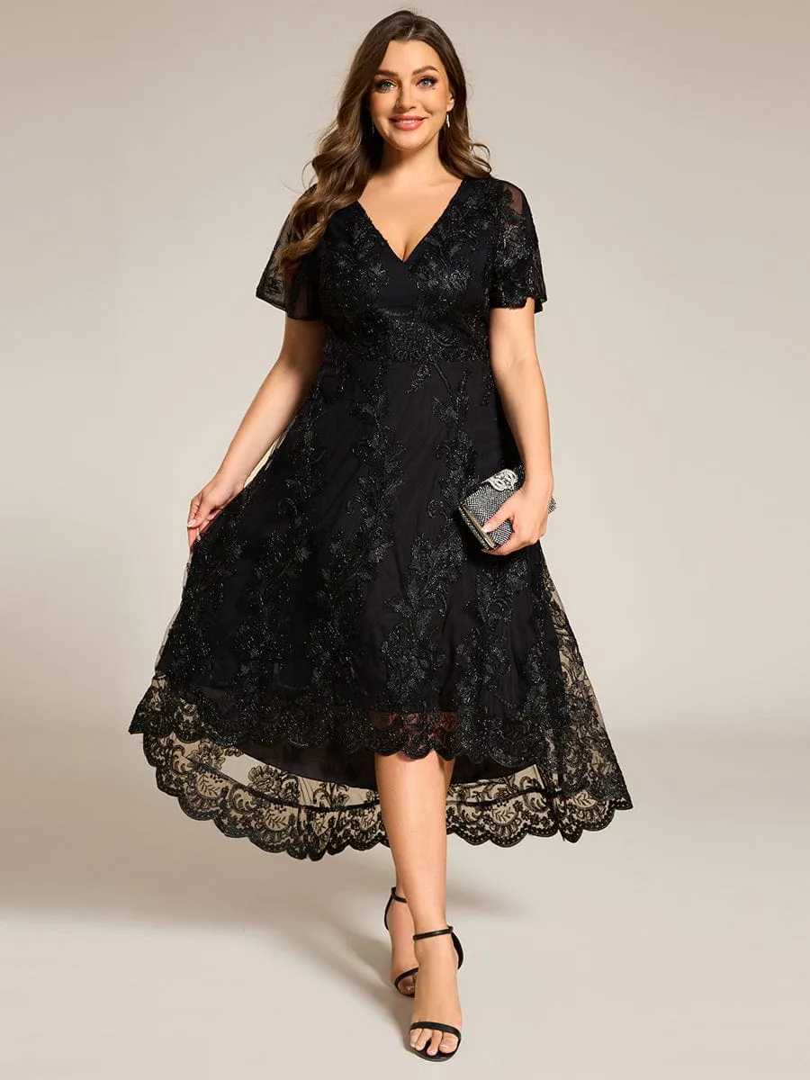 Plus Size Short Sleeves Embroidered Mesh A-Line V-Neck Midi Wedding Guest Dress