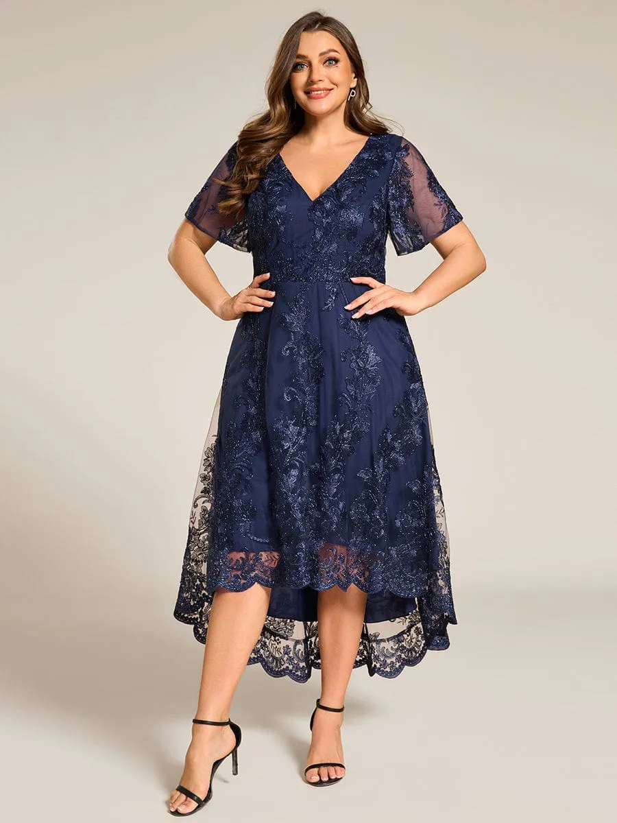 Plus Size Short Sleeves Embroidered Mesh A-Line V-Neck Midi Wedding Guest Dress