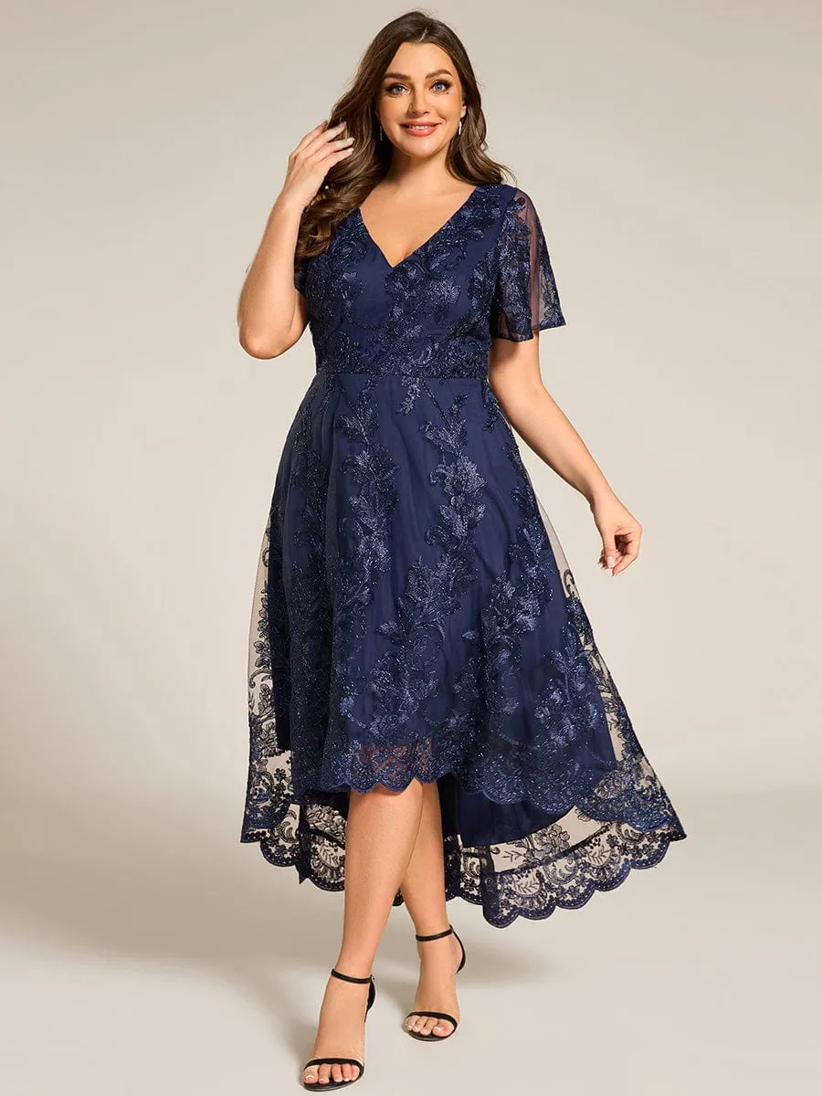 Plus Size Short Sleeves Embroidered Mesh A-Line V-Neck Midi Wedding Guest Dress
