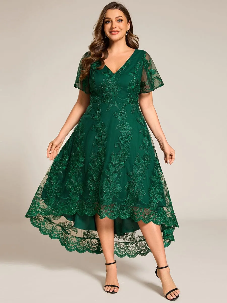 Plus Size Short Sleeves Embroidered Mesh A-Line V-Neck Midi Wedding Guest Dress