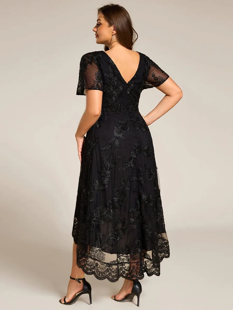 Plus Size Short Sleeves Embroidered Mesh A-Line V-Neck Midi Wedding Guest Dress