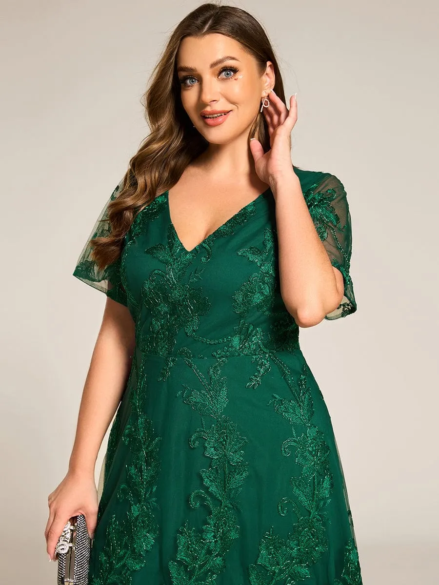 Plus Size Short Sleeves Embroidered Mesh A-Line V-Neck Midi Wedding Guest Dress