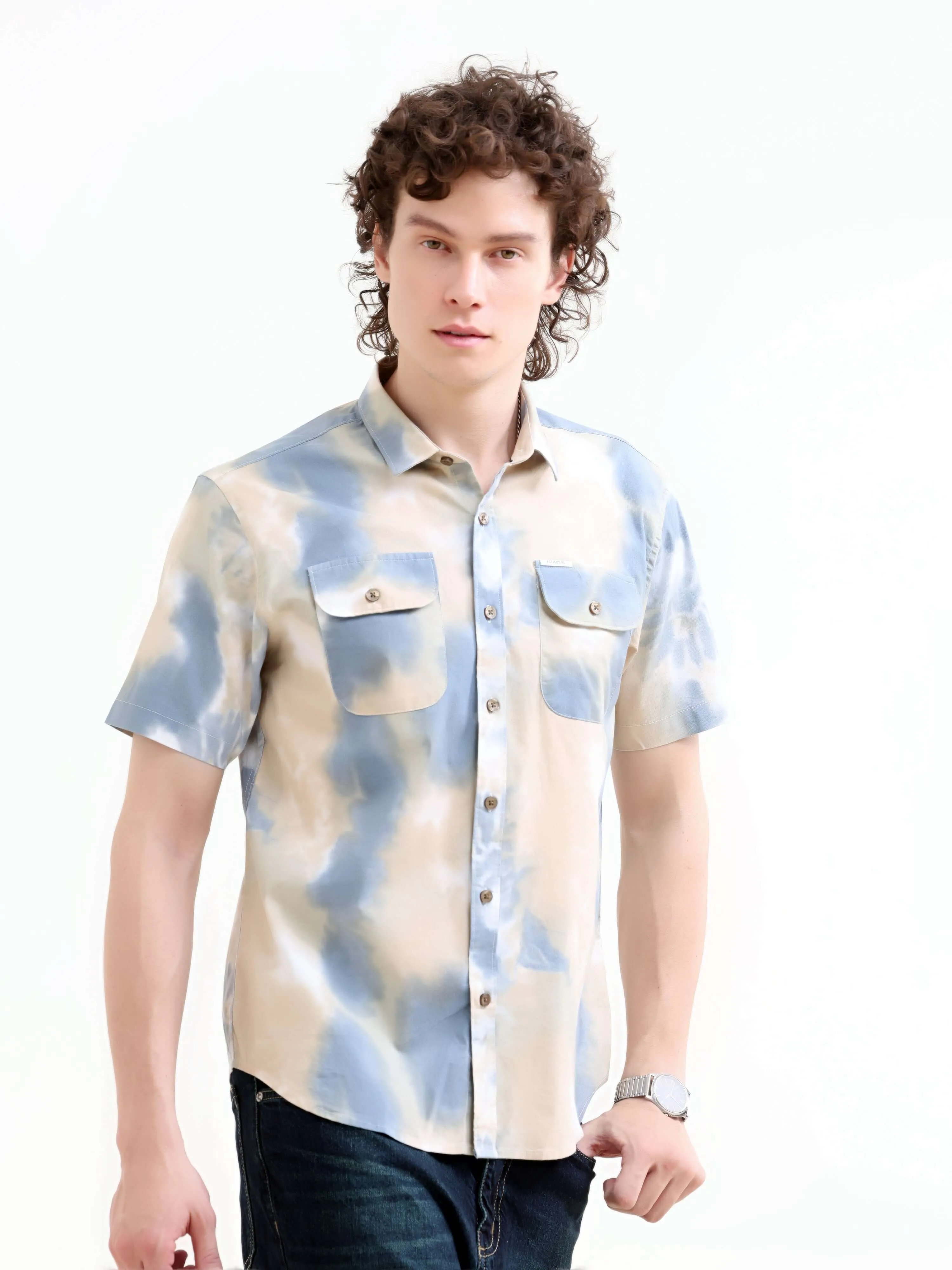 Plushy pastel blue water colour printed shirt