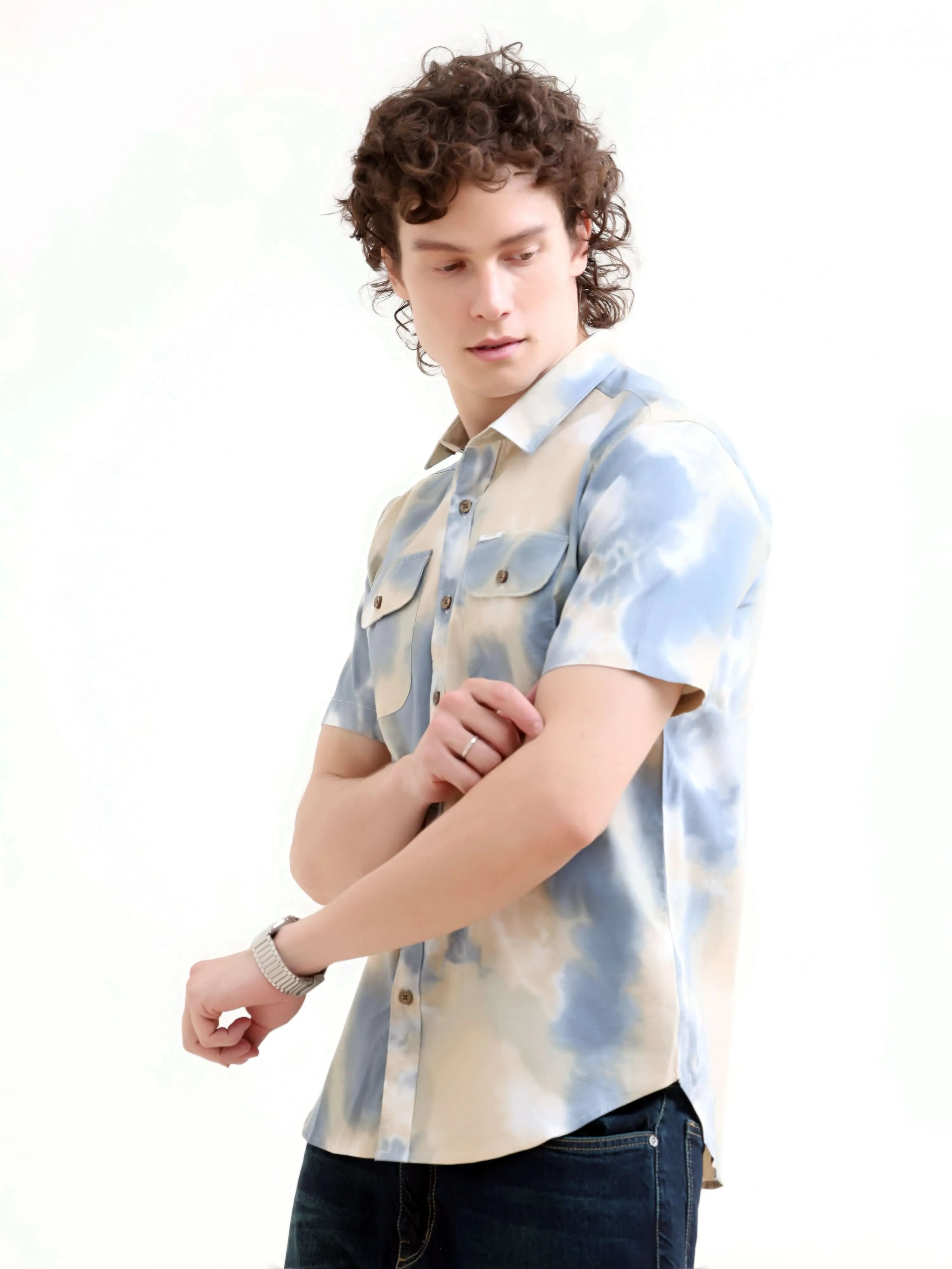 Plushy pastel blue water colour printed shirt