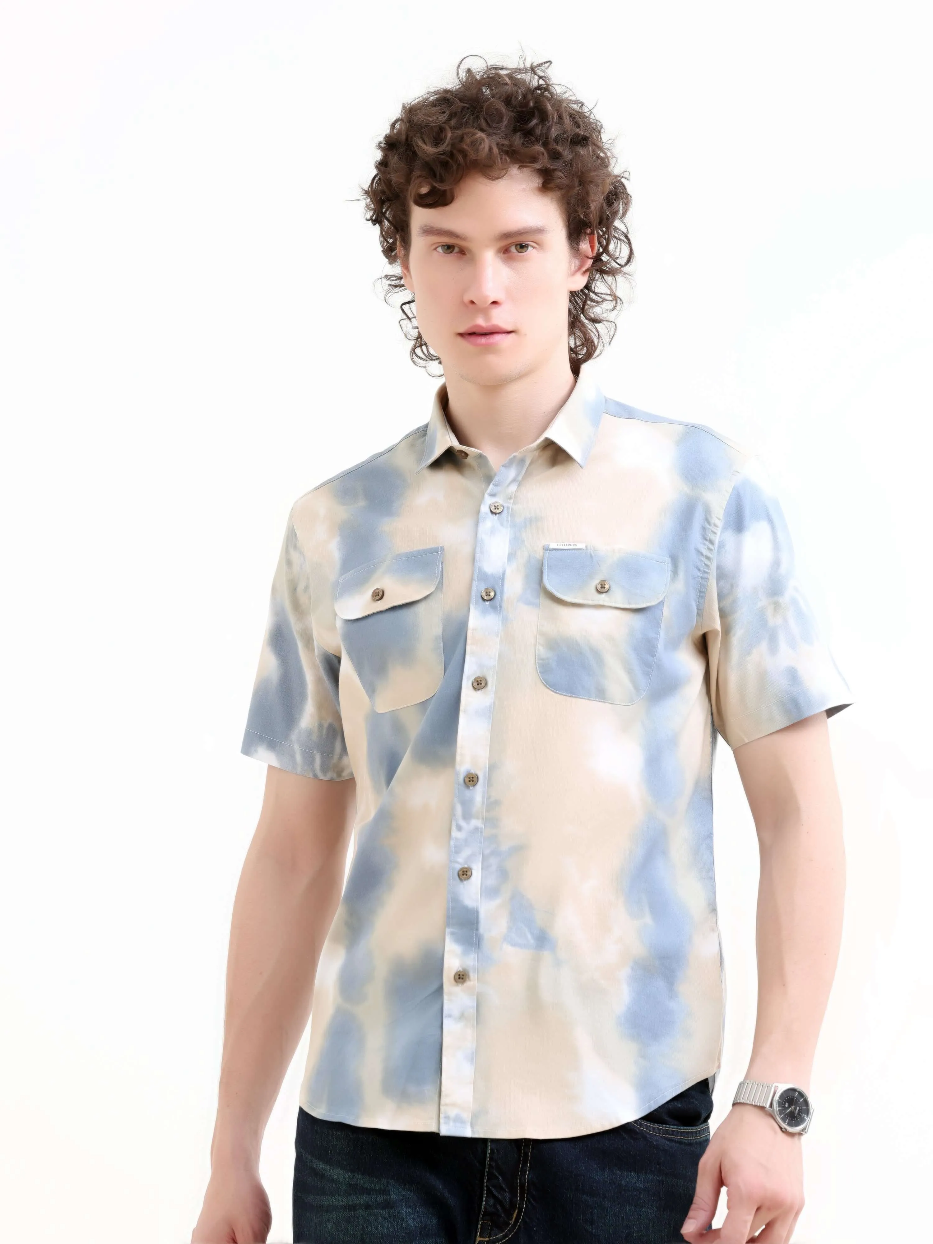 Plushy pastel blue water colour printed shirt