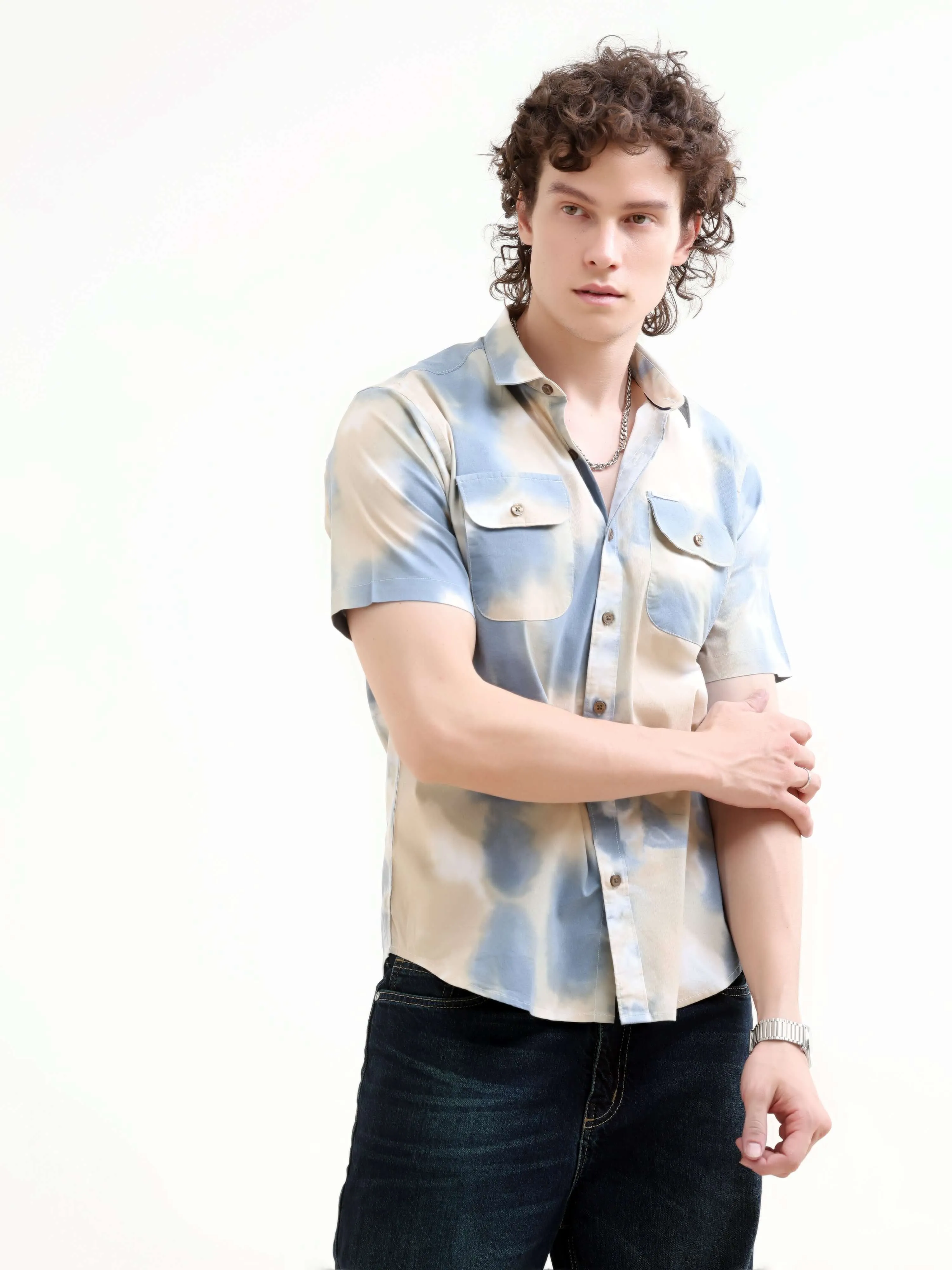 Plushy pastel blue water colour printed shirt